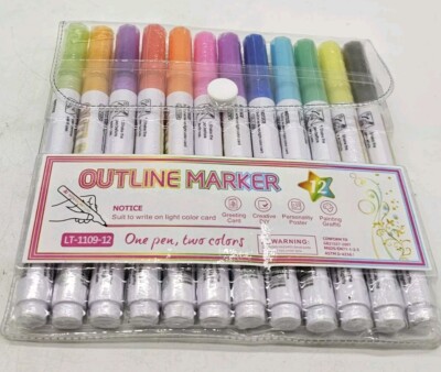 Metallic Doodle Dazzle Markers Double Line Outline Pens 12 Colors