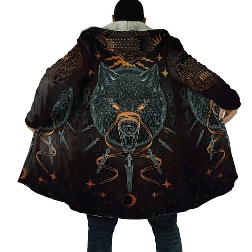 Viking Tattoo 3D Printed Long Sleeve Jacket Hooded Cloak Winter Coat Men Costume - Picture 6 of 26