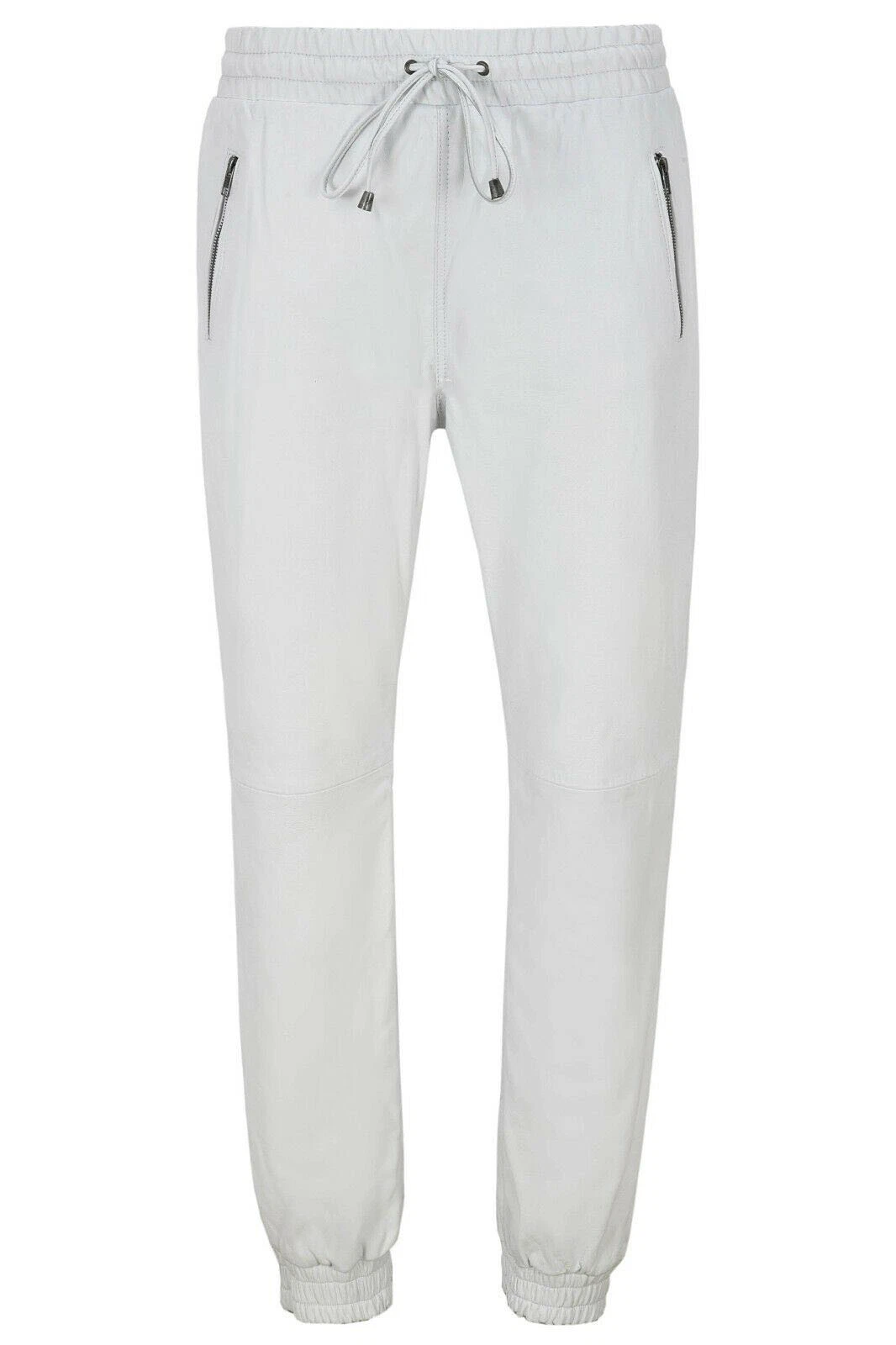 Men's Real Soft Leather Trousers White Sweat Track Pant Slim Fit Zip Bottom