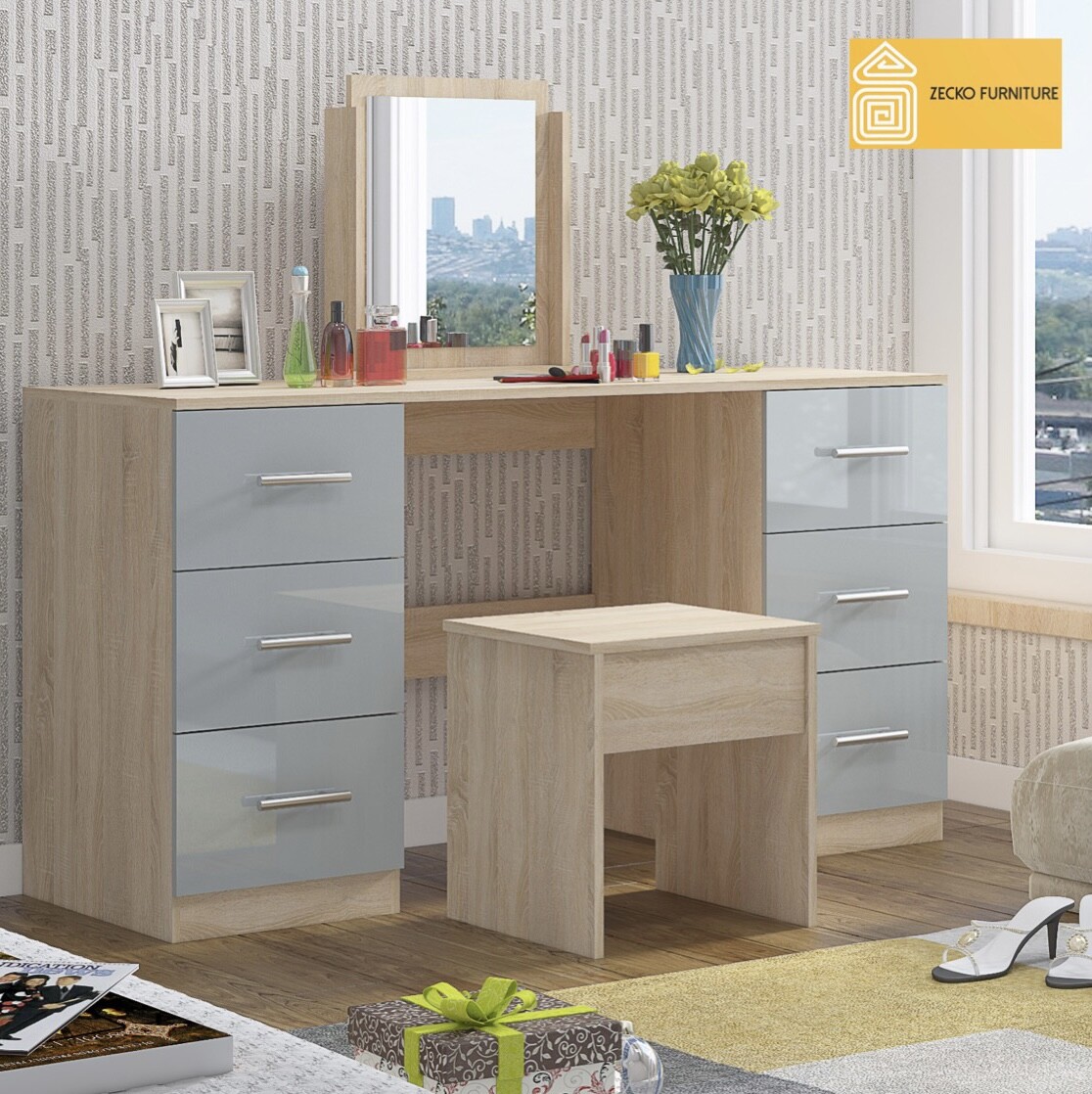 Double Sided Dressing Table with Mirror, Stool & 6 Drawers  GREY/BLACK/WHITE  | eBay UK
