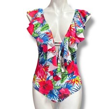 Tropical Print Ruffled One Piece Swimsuit New Medium