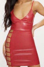 NEW!! PrettyLittleThing Red PU Extreme Split Bodycon Dress Size 10,Club Sold Out