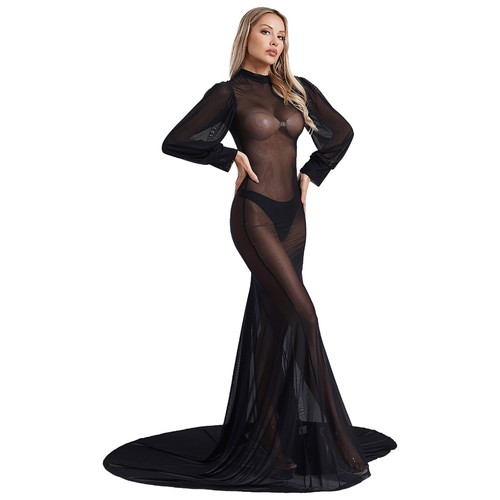 Vestido de mujer de una pieza encubrimiento sexy fotografía cuello alto disfraces malla maxi - Imagen 17 de 23