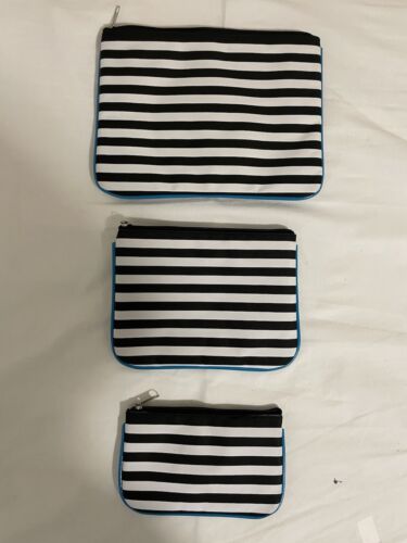 Nordstrom Black White Blue Stripe Cosmetic Makeup Travel Bags Set of 3 - e31 - Picture 5 of 6