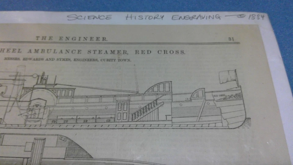 1884 Illustration from "The Engineer" Paddle Wheel Red Cross Ambulance Steamer - Imagem 3 de 4