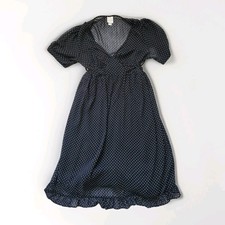 Merona Polka Dot Chiffon Dress Black Tea Length Plunge Ruffle Hem Sz S EUC