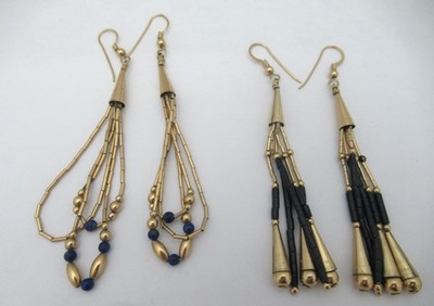 Hand Crafted Artisan Lot of 2 Pairs Southwest Gold Plated Lapis & Onyx Earrings