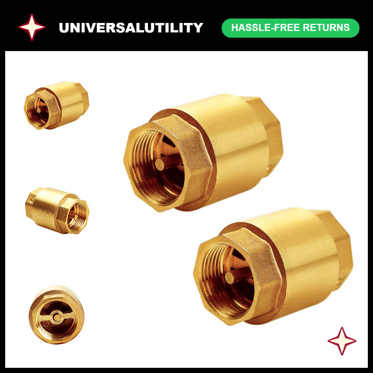 3/4" NPT Brass Check Valve - One Way Backflow Preventer (2 Pack) for Plumbing