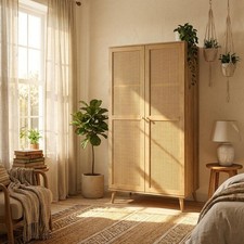 Manila Oak & PVC Rattan 2 Door Double Wardrobe Bedroom Furniture Storage