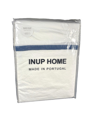 Inup Home Queen Sheet Set Washed Cotton Percale 200TC White Blue Trim Portugal