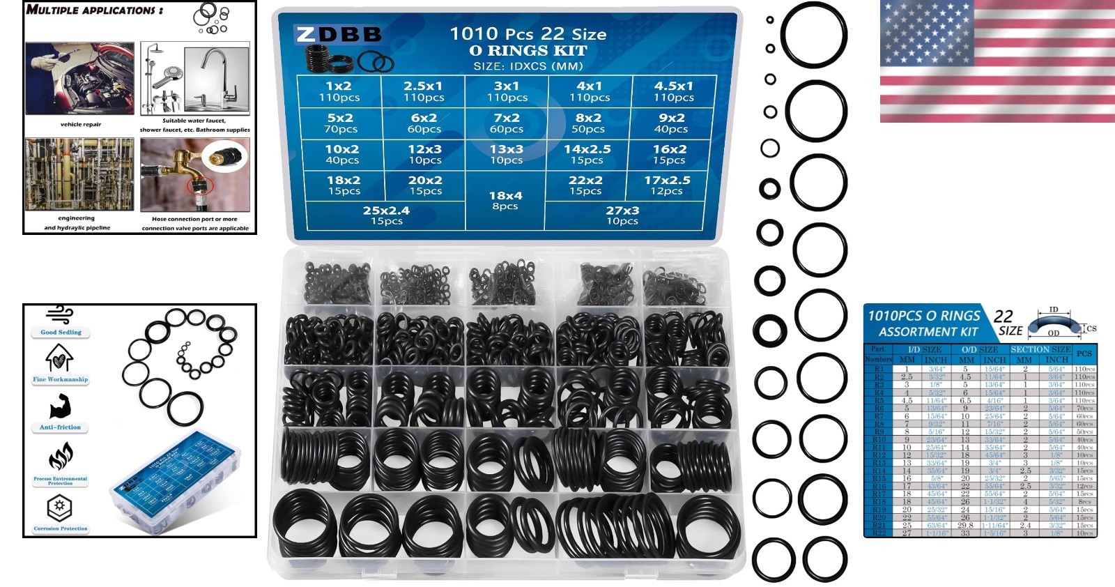 22 Size Rubber O-Ring Assortment - 1010 Pieces for Automotive & Plumbing Needs