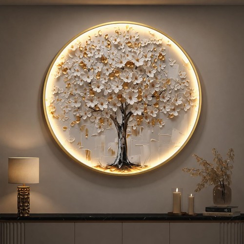 Large Framed Tree of Life Wall Art for Living Room, Modern Luxury Gold and Wh...