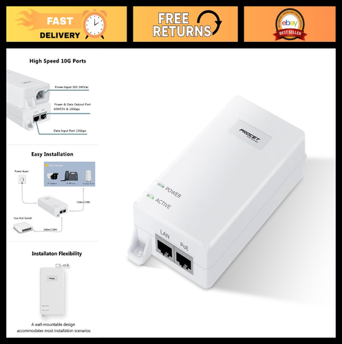 10Gbps PoE++ Injector 60W, IEEE802.3bt/at/af, Power Over Ethernet ...