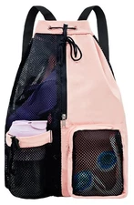 Mesh Beach Backpack, Wet Pocket, Drawstring Pool Swim Gym Bag, Waterproof Sack