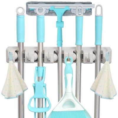 Mop and Broom Holder, 5 Position with 6 Hooks Garage Storage Holds up to 11 T...