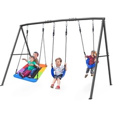 4 IN 1 Metal Swing Set with 3 Swings Heavy Duty Toddler Swing Kids Adult Playset