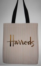 Harrods Gold &White Striped Logo Print Tote Bag Shopping Bag 35x40cm New