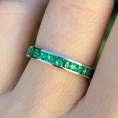 2.5 Ctw Princess Cut Created Emerald Channel Set Band Ring 14K White Gold Finish