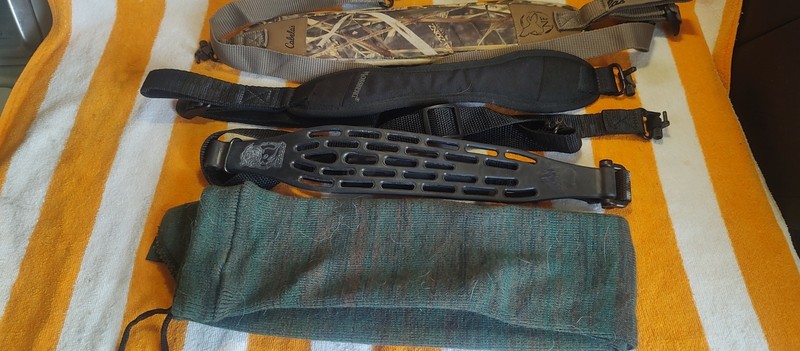 THREE RIFLE SLINGS AND ONE GUN SOCK