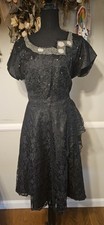 Vintage 1940s Black Lace Party Dress With Heavy Beading On Neckline
