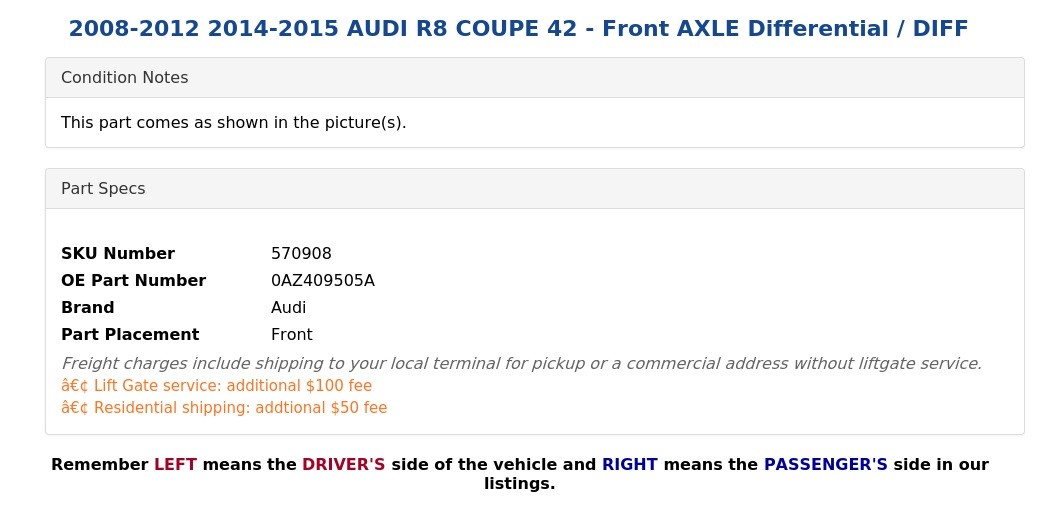 2008-2012 2014-2015 AUDI R8 COUPE 42 - Front AXLE Differential / DIFF