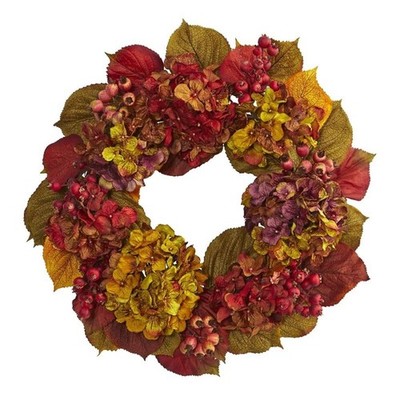 Nearly Natural 24'' Fall Hydrangea Wreath in Orange