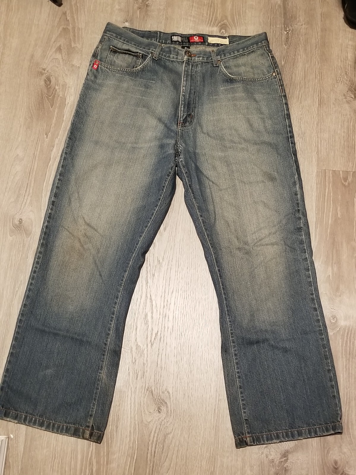 Vintage Mens Southpole Boot Cut Jeans Distressed Blue & White Size 38x30 Y2K