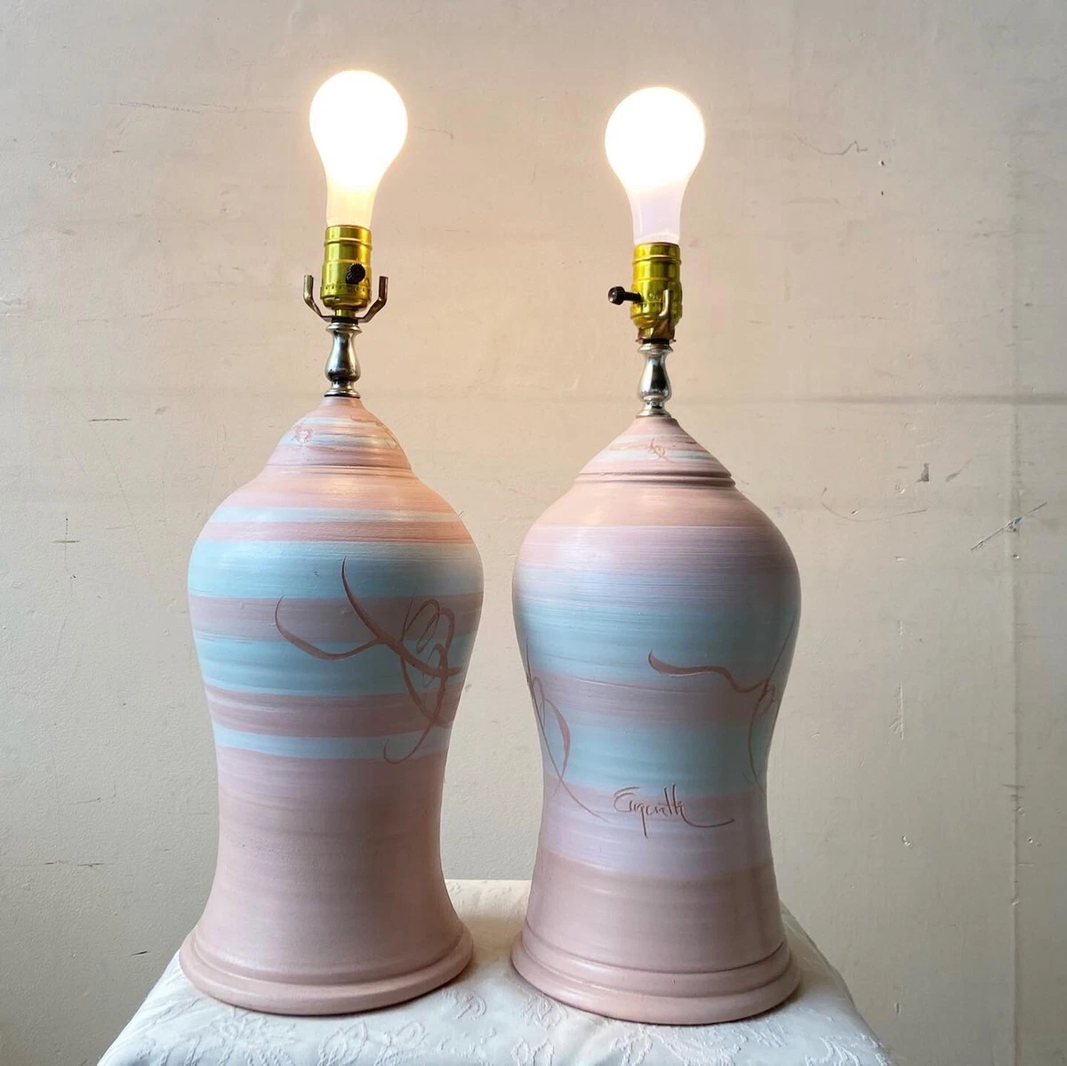 Postmodern Pink Blue Pottery Table Lamps a Pair eBay