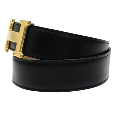 HERMES H Logo Constance Reversible Buckle Belt Leather #68 Black