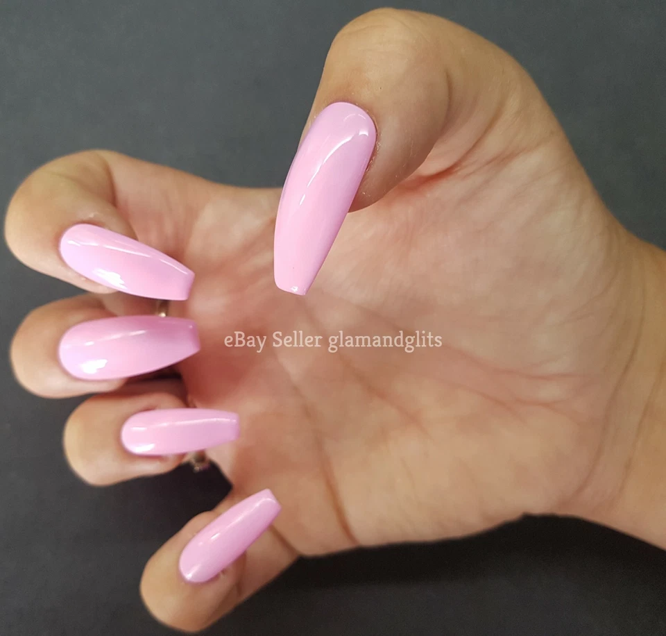 24 Painted Gel Press On False Nails Bright Baby Pink Coffin Stiletto Square Oval