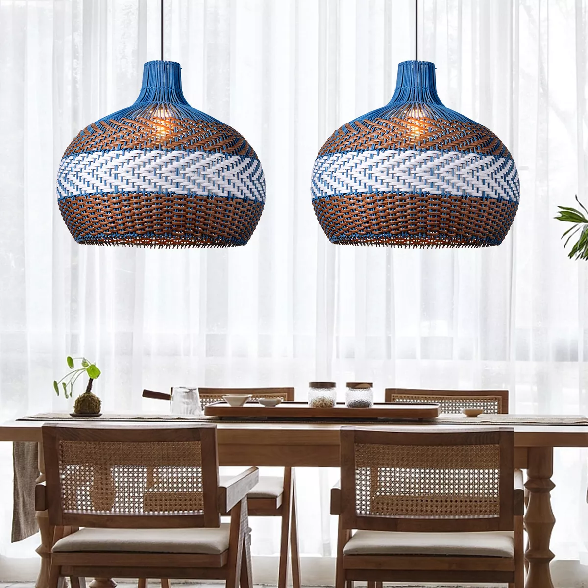 Blue Rattan Pendant Light Wicker Chandelier Handmade Woven Hanging Ceiling Light