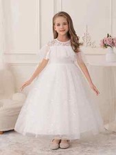 Girl White Sequined Puffy Frock Dress Little Flower Girl Dress Gauze Skirt