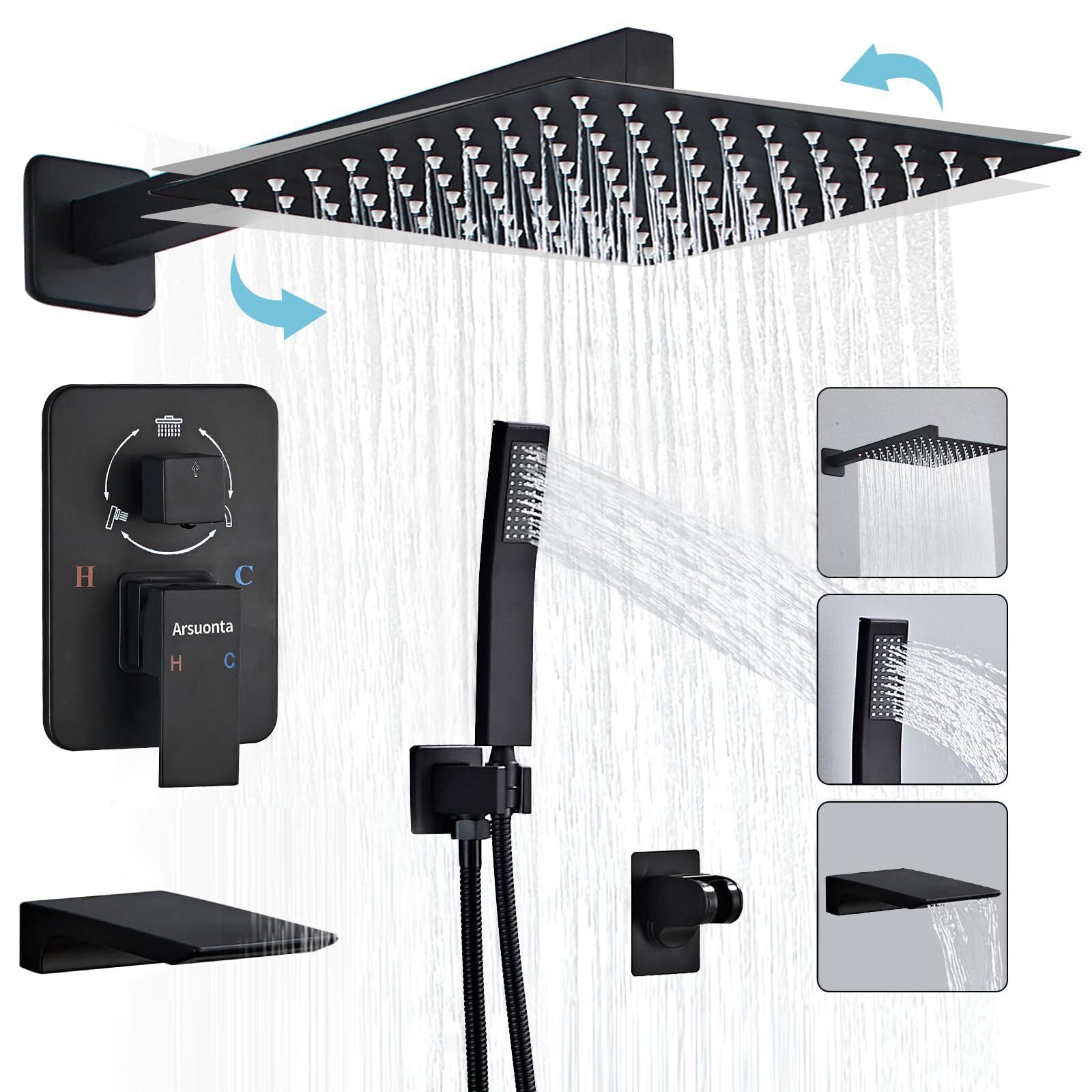 10 Inch Square Black Shower Faucet Set with Tub Spout, Shower Combo System Ra...
