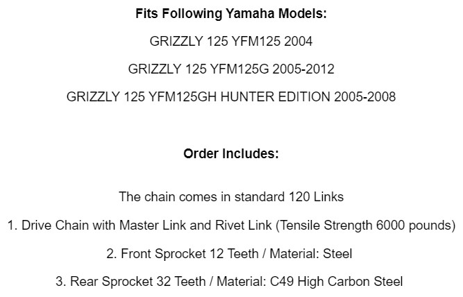 Drive Chain & Sprockets Kit fits Yamaha Grizzly 125 YFM125G YFM125 G 04-12 White