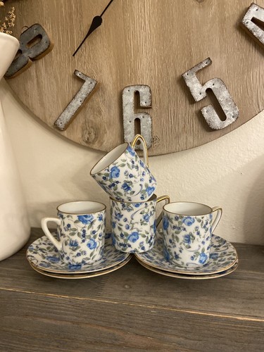 4 Royal Crown Chintz Demitasse Tasse Untertasse 50er Jahre blau Blumen Granny Core Cottage - Bild 3 von 14