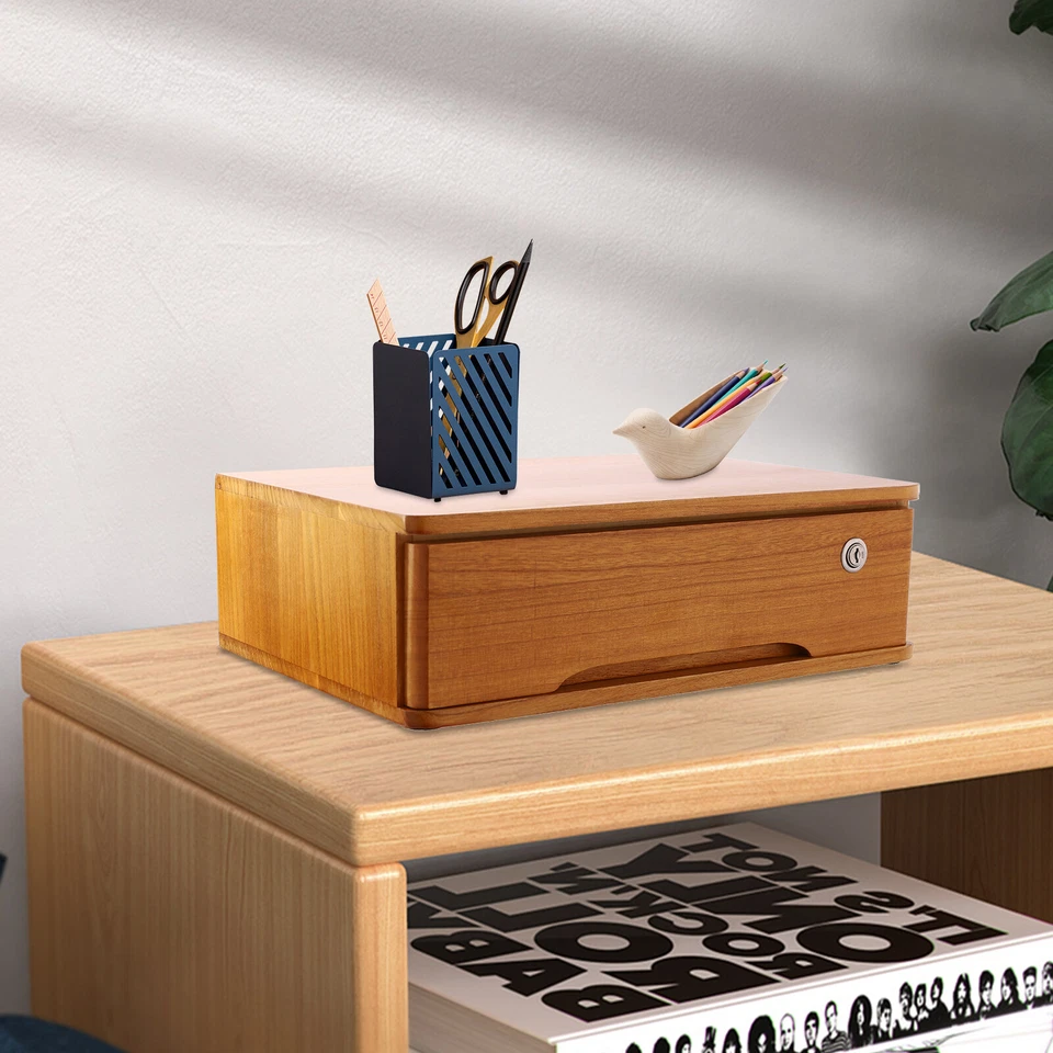 Caja de almacenamiento de escritorio de madera con cajón bloqueable Caja de almacenamiento de escritorio amarilla de madera Foto 3 de 4