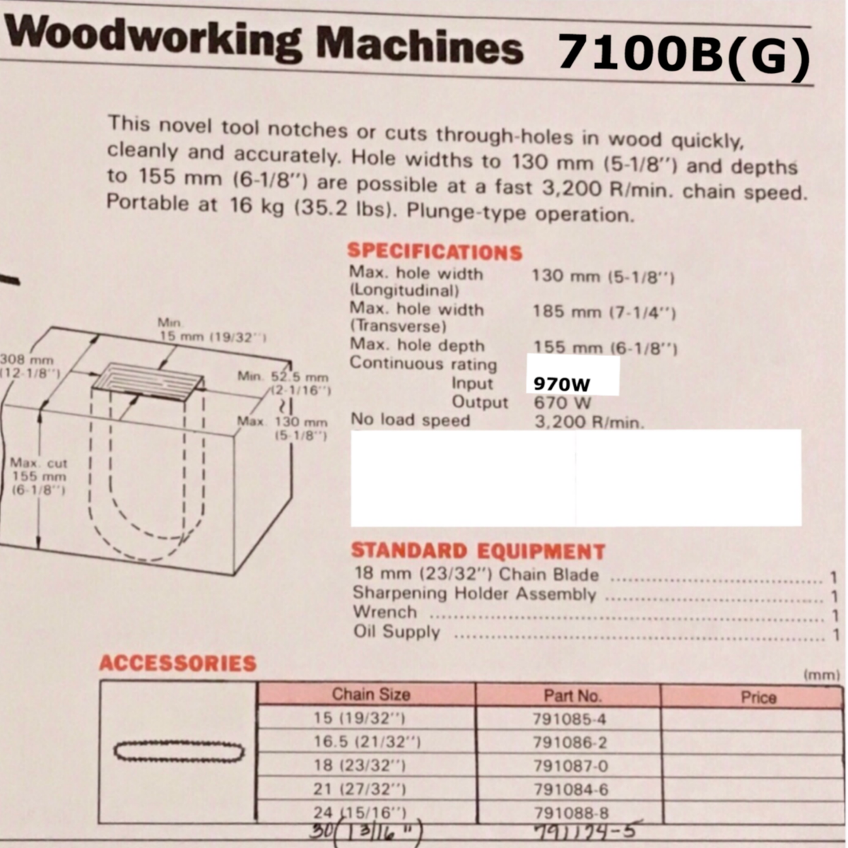 Mortaiseuse Makita 7100B - Filaire 970W - 100V - Chaîne Affûtée 18mm - Occasion
