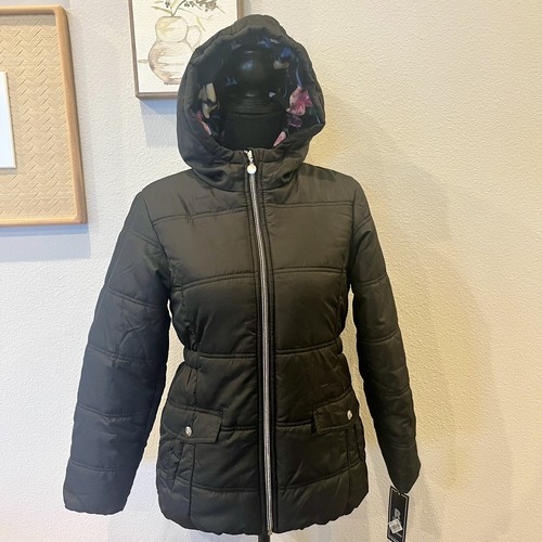R1881 S. Rothschild Girls’ Black Puffer Jacket W/ Fleece Floral Hood & Scarf NWT