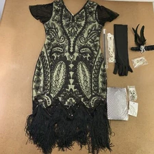 Women's Size XL Black Beige Sequin Fringe Flapper Dress & Accessory Set 9 Pieces