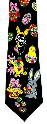 Retro Easter Mens Neck Tie Holiday Black Necktie Eggs Chicks Cat Bunny Gift 