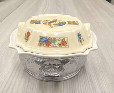 Vintage Hall China ''Bird of Paradise'' Covered Casserole Dish with Cradle
