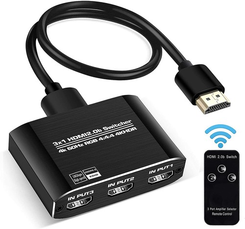HDMI 2.0b Switch 3 in 1 Out,3x1 HDMI Selector Switch with Remote, Support UHD 4K