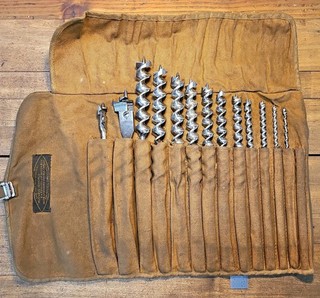 Antique RUSSELL JENNINGS Auger Brace Drill Bit Size Set & Canvas • NICE! ☆USA