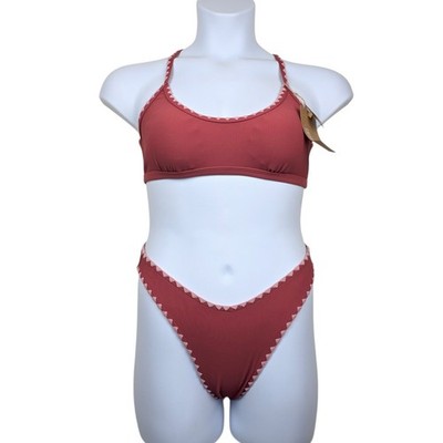 Berlook Womens Terracotta Red Pink Ribbed Scalloped Bikini Set Size M NWT