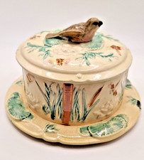 Antique Danish Ceramic Butter Dish Stoneware Bird & Lotus Decor c1900