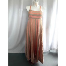 Maeve Anthropologie Linen Blend Maxi Dress Size 16 Orange Pink Stripe Tie Back
