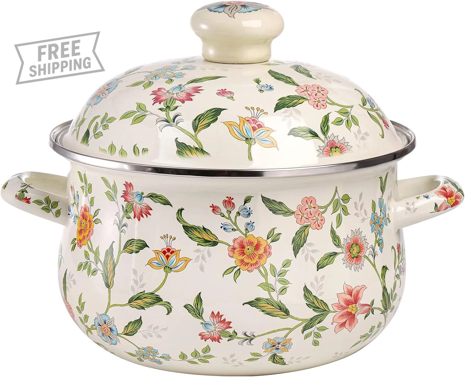 2.8 Quart Vintage Enamel Stockpot Simmer Pot, Green Floral Enamel on Ste