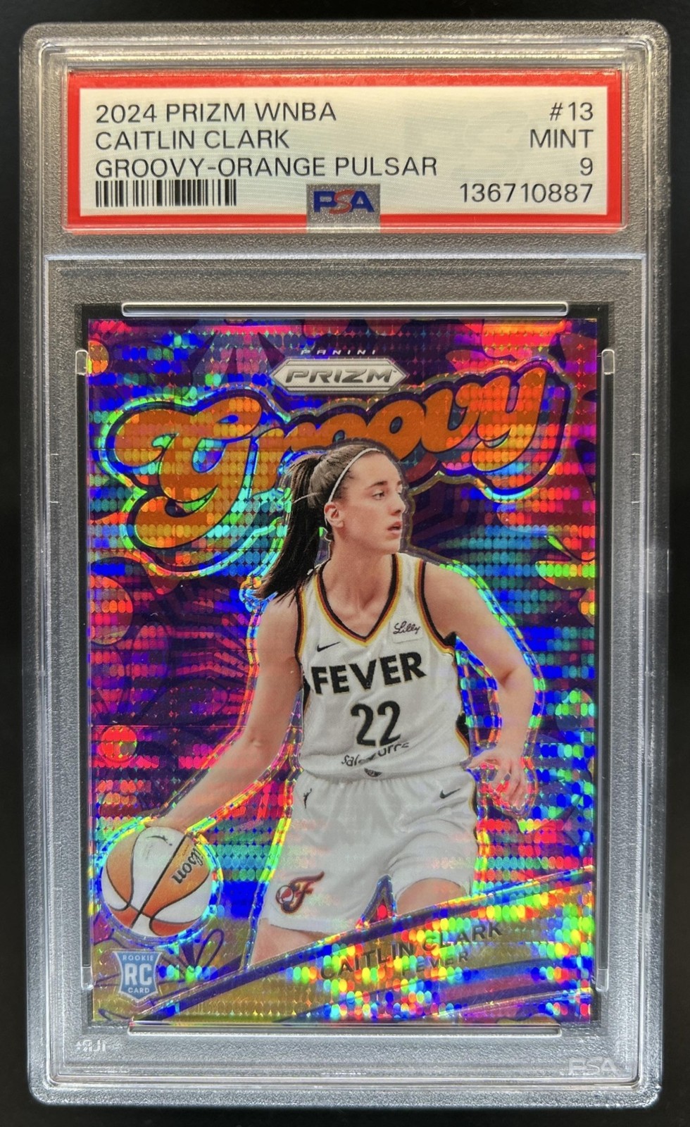2024 Panini WNBA Prizm Caitlin Clark Groovy RC Orange Pulsar #/75 Fever PSA 9
