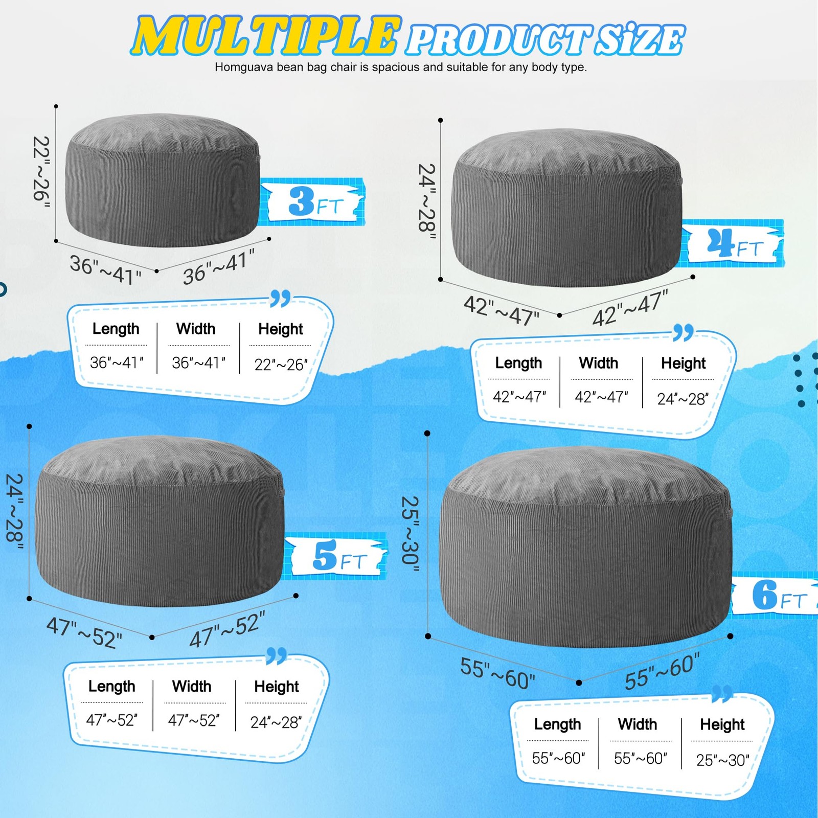 3FT Bean Bag Chair,Giant Bean Bag Chairs for Adults,Big Bean Bags with Memory...