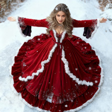 Vintage Red Long Sleeves Winter Wedding Dresses Costum Velvet Medieval Bridal